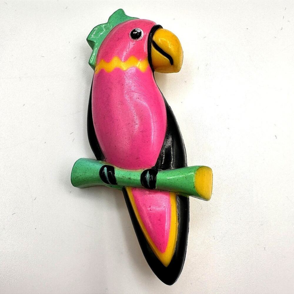 Vintage 80s Neon Pink Parrot Plastic Wood Brooch Pin Yellow Green Bird Jewelry